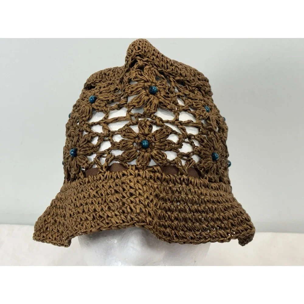 Unbranded Crochet Raffia Bucket Hat Women's Blue Bead Y2K Hippie Indie Grunge